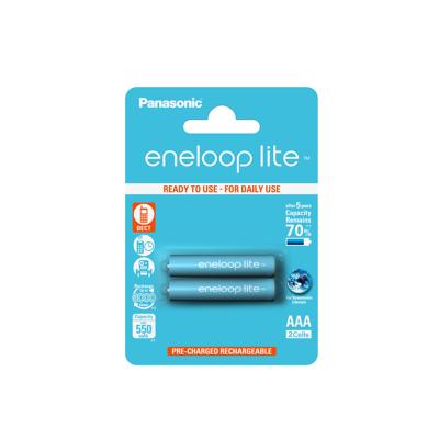 Panasonic eneloop lite, AAA/Micro herlaadbare batterijen, Ready-to-Use, 2-pack, min. 550 mAh, oplaadbare batterijen in plasticvrije verpakking, Ni-MH batterij