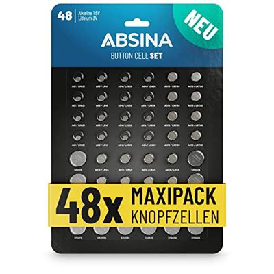 ABSINA Set van 48 alkaline en lithium knoopcellen - 4x AG1 / 4X AG3 / 8X AG4 / 8X AG10 / 8X AG13 / 4X CR2016 / 4x CR2025 / 8X CR2032-1,5V & 3 V knoopcelassortiment lekvrij - knoopcelbatterijen