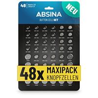 ABSINA Set van 48 alkaline en lithium knoopcellen - 4x AG1 / 4X AG3 / 8X AG4 / 8X AG10 / 8X AG13 / 4X CR2016 / 4x CR2025 / 8X CR2032-1,5V & 3 V knoopcelassortiment lekvrij - knoopcelbatterijen - thumbnail