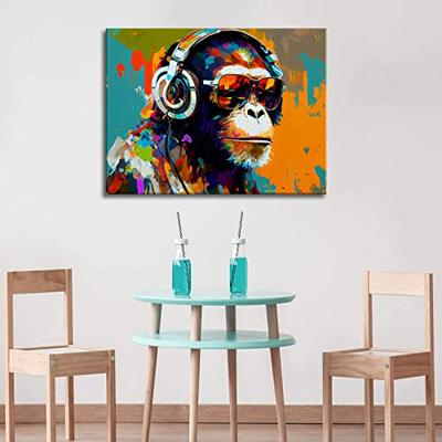 Schilderij - Aap met Koptelefoon, Multi gekleurd, 80X60cm, 1luik
