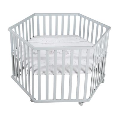 ROBA Hegaxonal Playpen - Gevoerde hoes - Olifantpatroon - 6 geremde wielen - Taupe gelakt hout