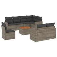 9-delige Loungeset met kussens poly rattan grijs - thumbnail