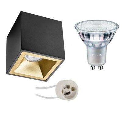 Philips Opbouwspot Set - GU10 Vierkant - Zwart/Goud - Dimbaar Warm Wit