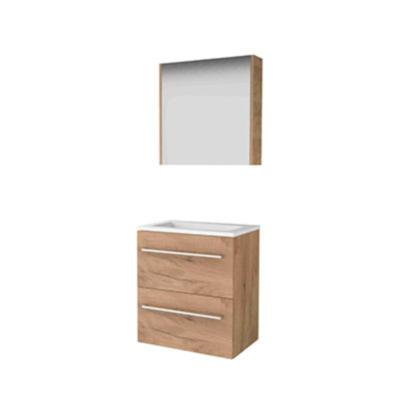 Basic-Line Comfort 39 Badkamermeubelset - Ondiep - 60 x 39 cm - Met Grepen - 2 Lades - Acryl Wastafel - 1 Kraangat - Spiegelkast - Whisky Oak