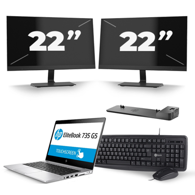 HP EliteBook 735 G5 - AMD Ryzen 5 PRO 2500U - 13 inch - 8GB RAM - 256GB SSD - Windows 10 + 2x 22 inch Monitor