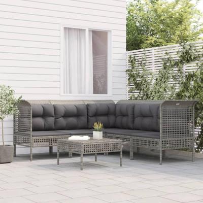 6-delige Loungeset met kussens poly rattan grijs