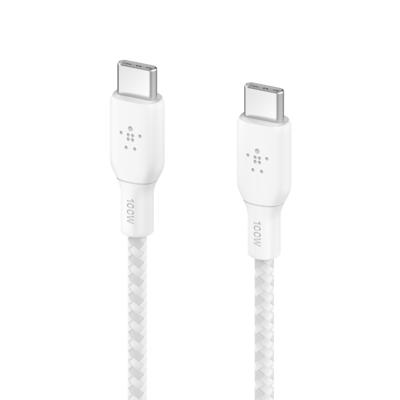 Belkin USB-C/USB-C-kabel, 100 W Power Delivery USB-IF-gecertificeerde 2.0-kabel met dubbel gevlochten nylon buitenkant voor iPhone 16, iPhone 15, iPad, MacBook, Samsung Galaxy, Pixel, 2 m, wit