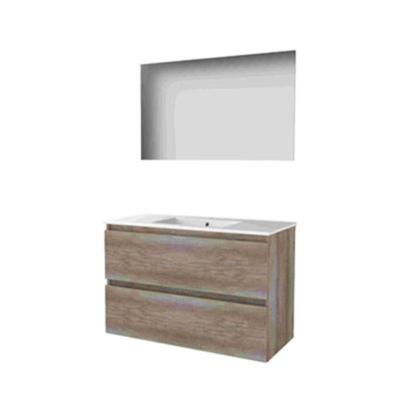 Basic-Line Ultimate 46 Badkamermeubelset - 100 x 46 cm - Greeploos - 2 Lades - Keramische Wastafel - 1 Kraangat - Spiegel met Indirecte LED Verlichting - Scotch Oak