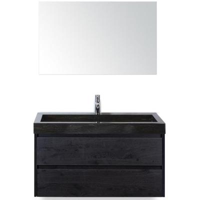 Dante Badmeubelset 100 cm - Black Oak - Wastafel Hardsteen Wit Lucca met Spiegel