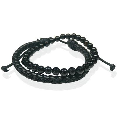 LGT JWLS Natuursteen en Leren Armbandenset - Zwart - Heren Sieraden - Agaat en Leder - voor Mannen
