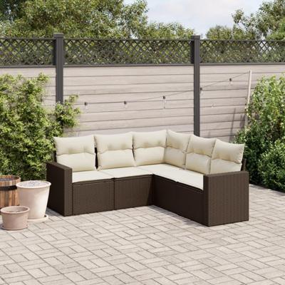 5-delige Loungeset met kussens poly rattan bruin