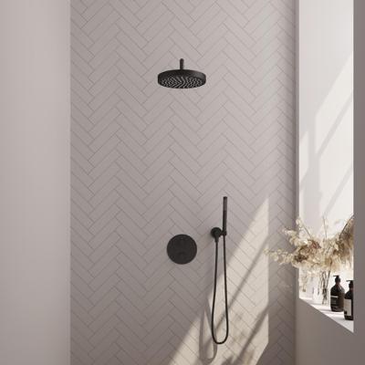 Brauer Stripe thermostatische inbouw regendouche 3-weg rond SET 38 met 25 cm douchekop en gebogen muurarm en staaf handdouche en doucheslang en wandaansluitbocht mat zwart