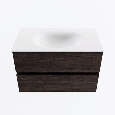 MONDIAZ VICA 80cm badmeubel onderkast Dark Brown 2 lades. Wastafel MOON midden 1 kraangat, kleur Talc.