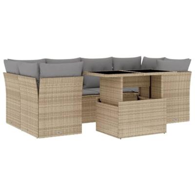 7-delige Loungeset met kussens poly rattan beige