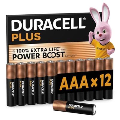 Duracell Plus AAA-batterijen, 12 Stuks, Alkalinebatterijen 1,5V, Tot 100% Extra Levensduur met Power Boost-ingrediënten, Betrouwbaarheid voor Dagelijkse Apparaten, 0% Plastic Verpakking, MN2400