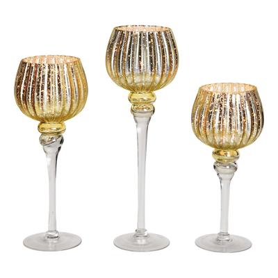 Windlichtset kelkvormig, geribbeld, 30/35/40 cm x Ø13 cm, goudkleurig glas, set van 3