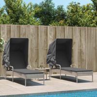 Ligbedden 2 st met luifels en tafel poly rattan lichtgrijs - thumbnail