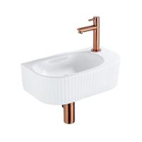 QeramiQ Blend Fonteinset - 40x21.5x12cm - rechts - geribbeld - halfrond - 1 kraangat - keramiek - fonteinkraan geborsteld koper - afvoerplug - verlaagd sifon - wit glans SW1209542/SW799405/SW799403/SW970033 - thumbnail