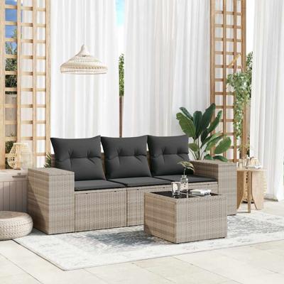 4-delige Loungeset met kussens poly rattan lichtgrijs - thumbnail
