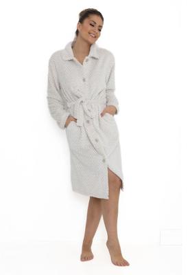 Lichtbeige damesbadjas met knopen - zacht fleece-l