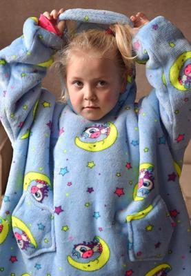 Draagbare deken met capuchon & mouwen - kind - unicorn blauw