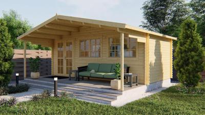 Tuindeco Piet Blokhut 595x300 cm + overkapping 200 cm 45 mm vuren blank- Zadeldak- Onbehandeld vurenhout- Tuindeco