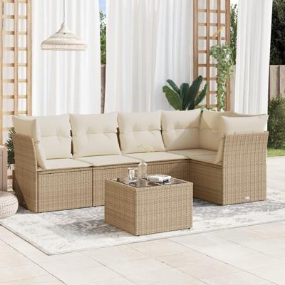 6-delige Loungeset met kussens poly rattan beige - thumbnail