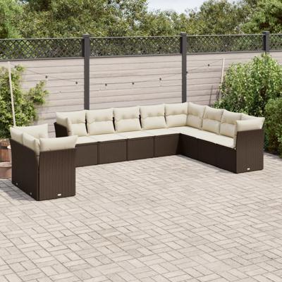 11-delige Loungeset met kussens poly rattan bruin - thumbnail