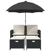 Tuinbank 2-zits met parasol en voetenbanken poly rattan zwart - thumbnail