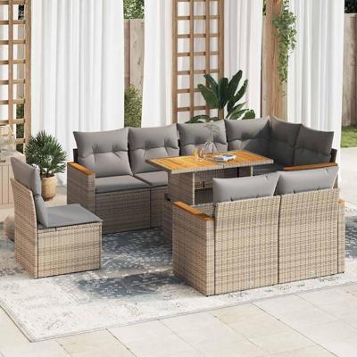 9-delige Loungeset met kussens poly rattan acacia beige