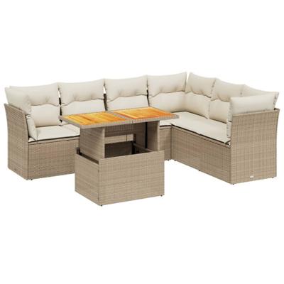 7-delige Loungeset met kussens poly rattan beige - thumbnail