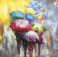 Schilderij - Metaalschilderij - In de regen met prachtige kleuren ,handgeschilderd op metaal 3D 100x100cm - thumbnail