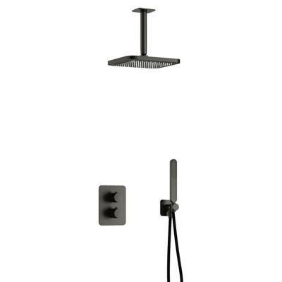 Hotbath Gal - Inbouw Regendoucheset - Geborsteld Gunmetal PVD - Thermostatisch - Plafondbuis 15 cm - Hoofddouche 220 mm - Staafhanddouche - met 2-Weg Stop-Omstel