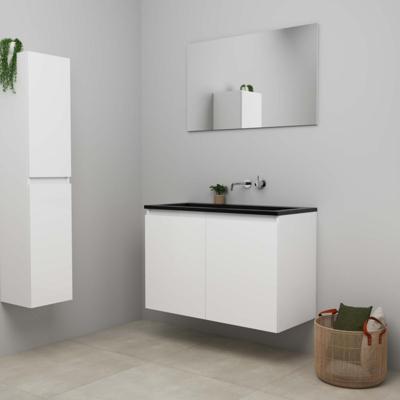 On-Line Badkamermeubelset - 100 cm - Bouwpakket - Greeploze Ladestructuur - Acryl Wastafel - zonder Kraangat - Spiegel - Hoogglans Wit