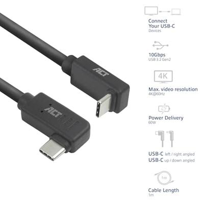 ACT AC7481 USB 3.0 Kabel | 10Gbps 60W USB Type-C® (haaks links/rechts) naar USB Type-C® (haaks boven/beneden) | Zwart | 1 meter