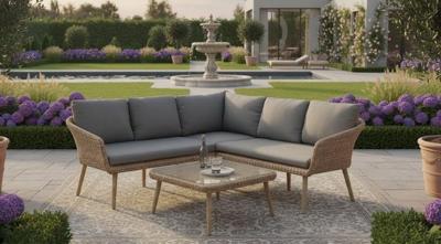 Mira coffee corner set 3pcs light yellow alu/natural wicker/acacia teak look Eurofar - Eurofar