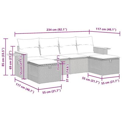 6-delige Loungeset met kussens poly rattan beige