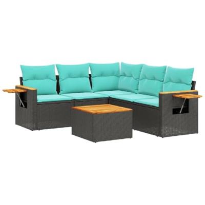 6-delige Loungeset met kussens poly rattan zwart
