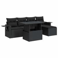 6-delige Loungeset met kussens poly rattan zwart - thumbnail