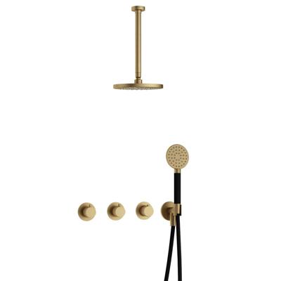 Hotbath Cobber - CB7067 - Inbouw Regendoucheset - Geborsteld Messing - 2 Stopkranen - Thermostatisch - Plafondbuis 30 cm - Hoofddouche 200 mm - Ronde Handdouche 3 Standen - Waterbesparend