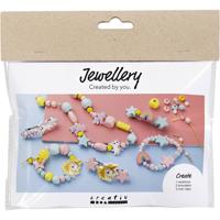 Creativ Company Mini hobbyset sieraden, halsketting, armbanden, oorbellen, lichtblauw, lichtrood, geel, 1 doos - thumbnail