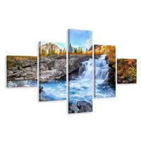Schilderij - Herfstig landschap en waterval, 5luik, premium print - thumbnail