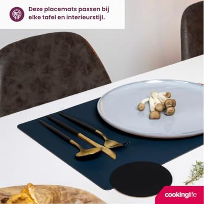 Cookinglife 6 Placemats + 6 Onderzetters - Dubbelzijdig - Vegan leer - Blauw / Grijs