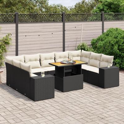 10-delige Loungeset met kussens poly rattan zwart