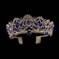 Crystal Tiaras Vintage Gold Rhinestone Pageant kroont met kam barokke bruiloft haaraccessoires (goud blauw) - thumbnail