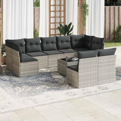 10-delige Loungeset met kussens poly rattan lichtgrijs
