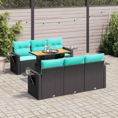 7-delige Loungeset met kussens poly rattan zwart
