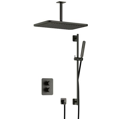 Hotbath Gal - GL106 - Inbouw Regendoucheset - Geborsteld Gunmetal PVD - Thermostatisch - Plafondbuis 15 cm - Hoofddouche 270x400 mm - Staafhanddouche - Glijstang 900 mm - met GL106 - met 2-Weg Stop-Omstel