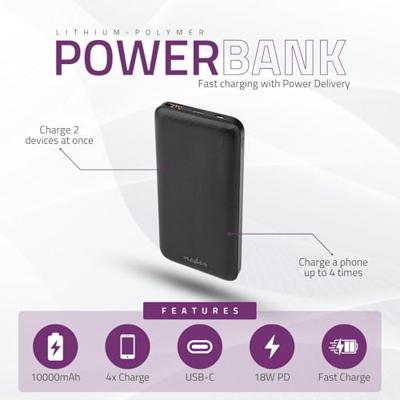 Powerbank | 10000 mAh | 2x 3.0 A | Outputs: 2 | Output: 1x USB-A / 1x USB-C | Inputs: 1x Micro USB / 1x USB-C | PD2.0 18W | Lithium-Polymeer
