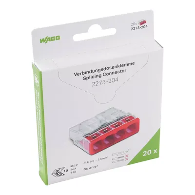WAGO 2273-204-1 2273 Lasklem Flexibel: - Massief: 0.5-2.5 mm² Aantal polen: 4 1 stuk(s) Transparant, Rood WAGO 2273-204-1 2273 Lasklem Flexibel: - Massief: 0.5-2.5 mm² Aantal polen: 4 1 stuk(s) Transparant, Rood
